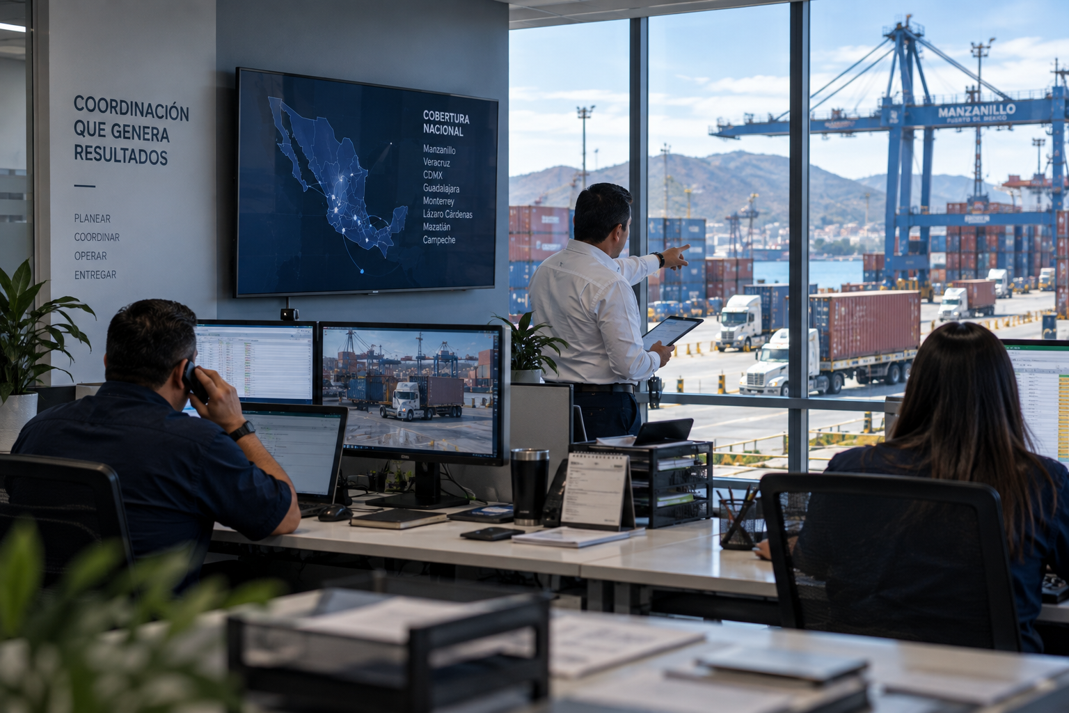 Equipo de coordinación logística de LTA con vista al puerto de Manzanillo